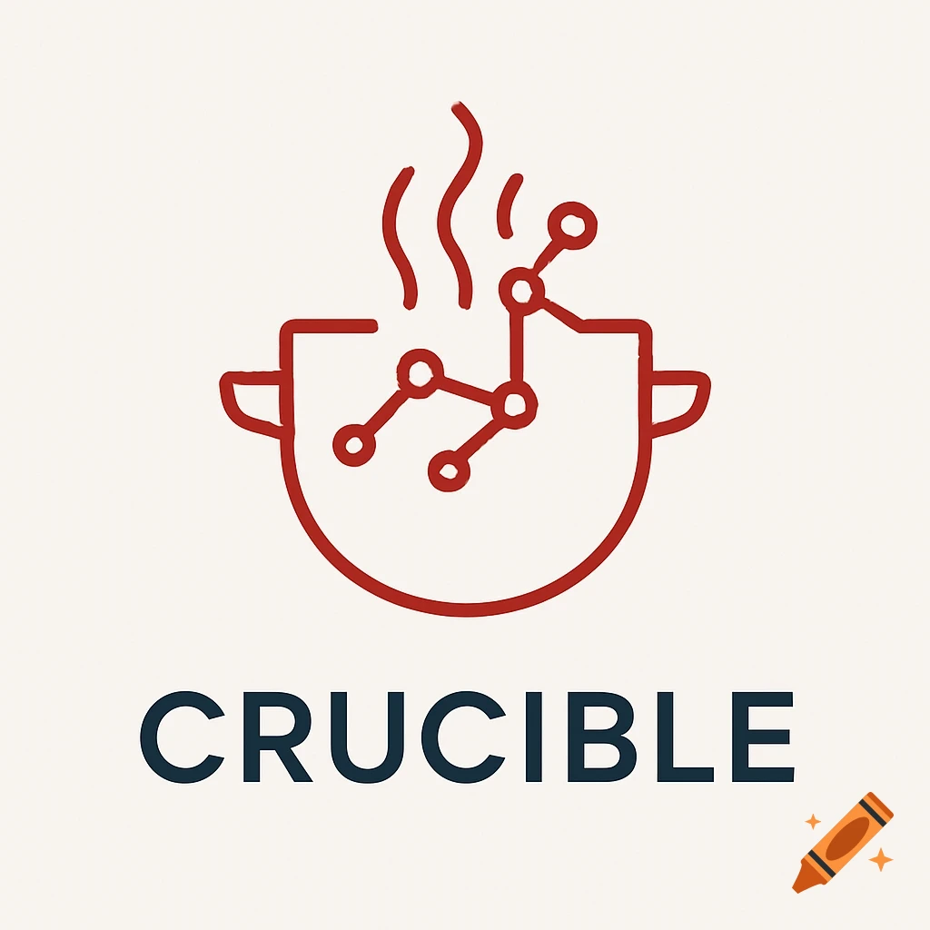 Minimalist tech logo for 'Crucible' featuring a red crucible vessel with network nodes and heat waves inside, and 'CRUCIBLE' text below.