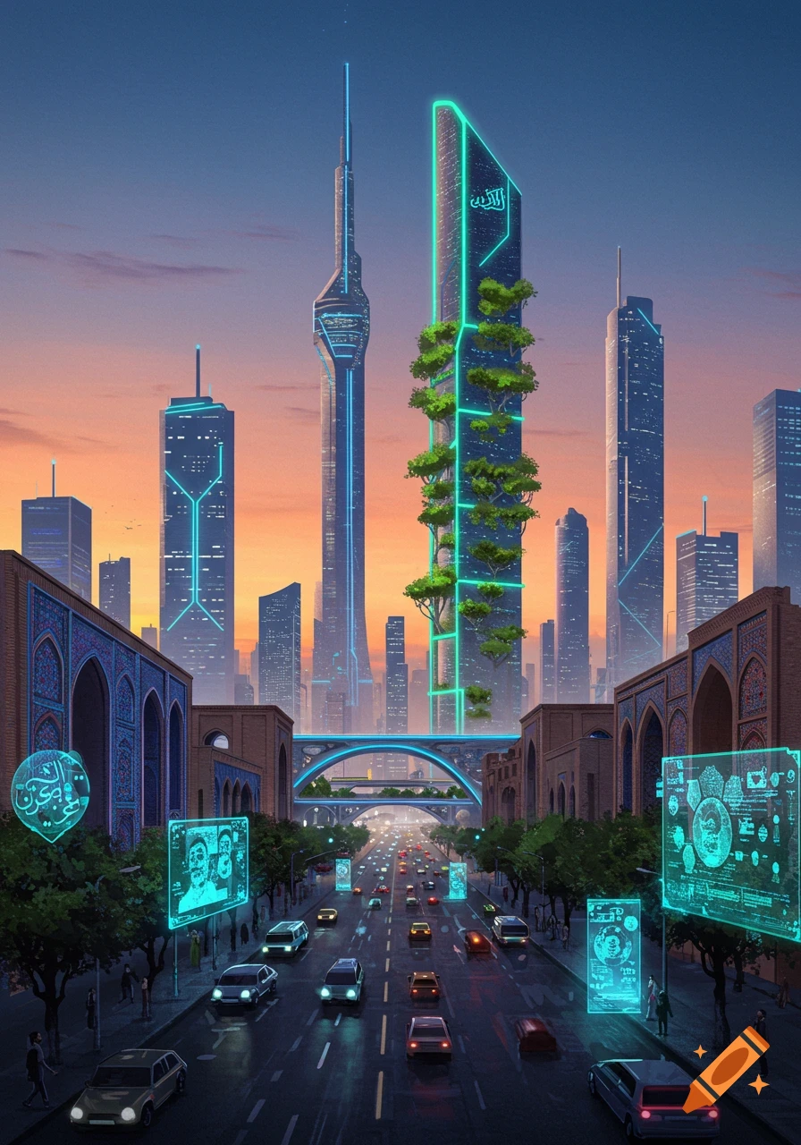 A vibrant futuristic cityscape at sunset with neon-lit skyscrapers, a tree-covered building, digital screens, and a busy street.