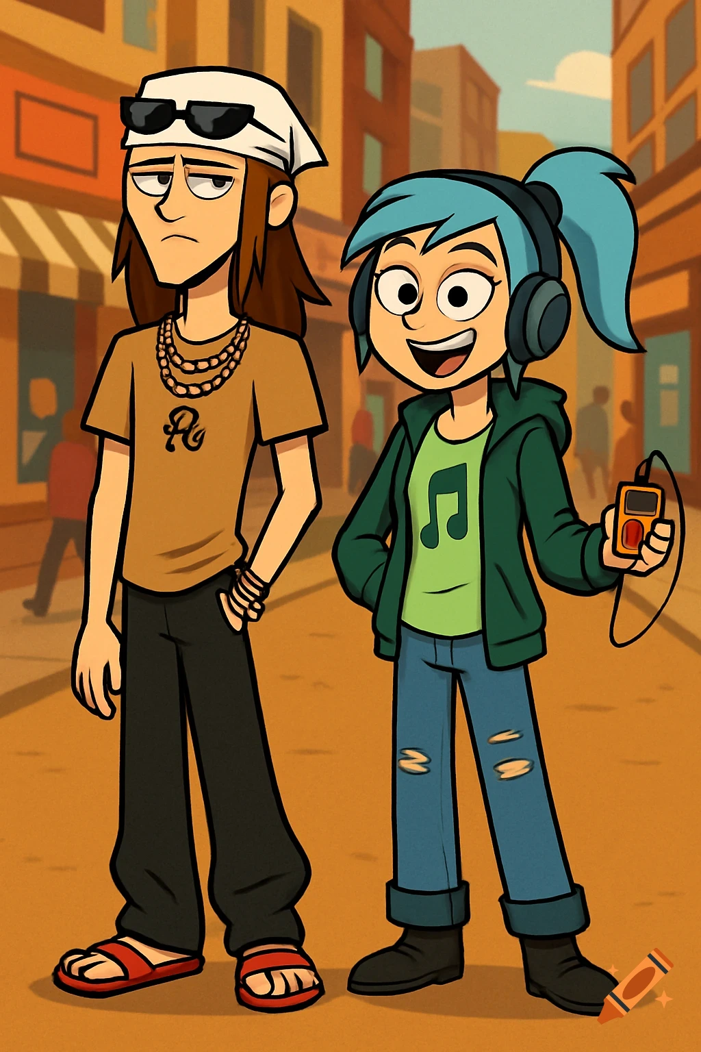 Two cartoon characters, a man and a woman, stand on a street. The man has long hair and wears a bandana; the woman has blue hair, headphones, and holds an MP3 player.