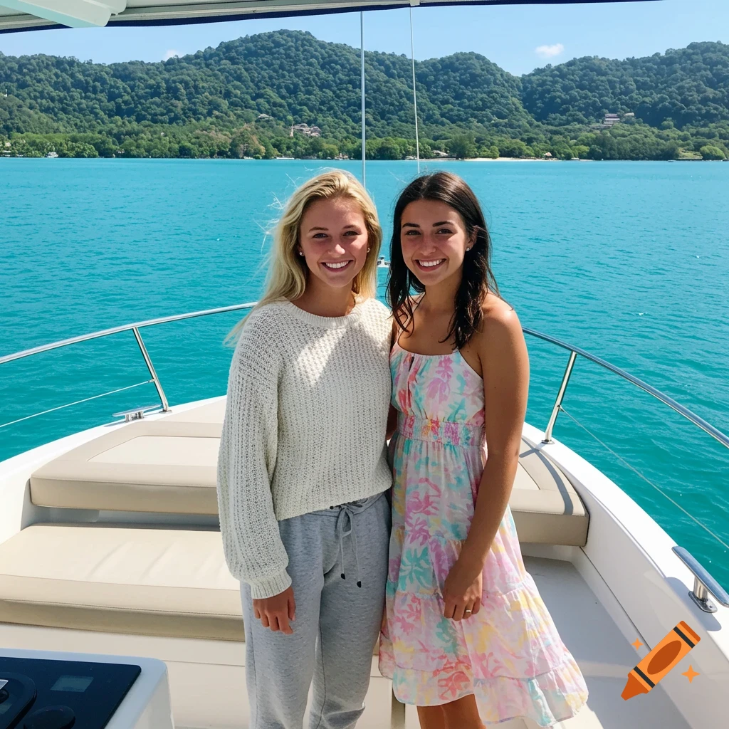 Two smiling women pose on a boat in bright turquoise water with green, forested mountains in the background.