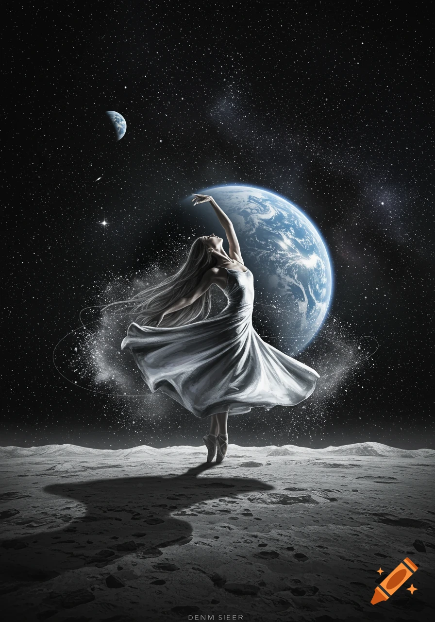 A woman in a white dress dances gracefully on the moon, with Earth and stars in the background.