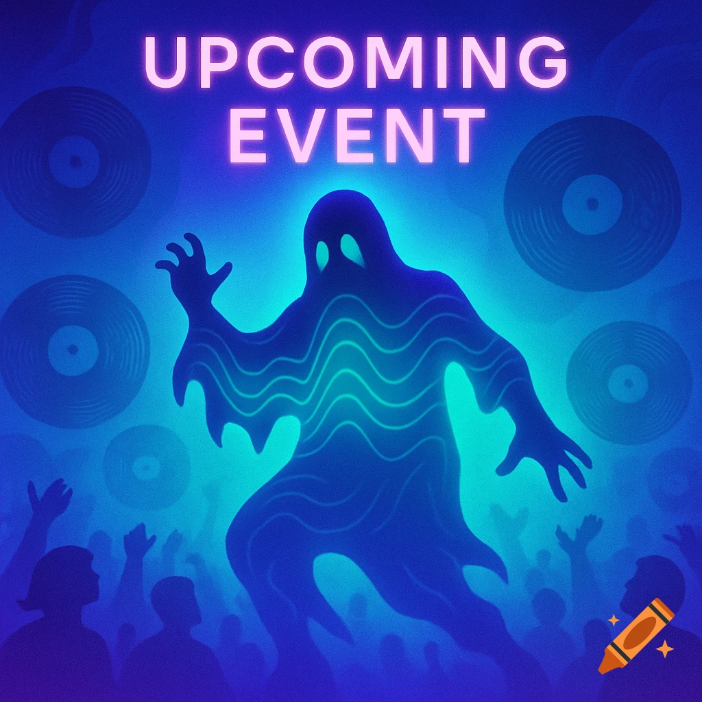 Neon blue and purple poster for an event, featuring a glowing phantom above a crowd, floating vinyl records, and 'UPCOMING EVENT' text.