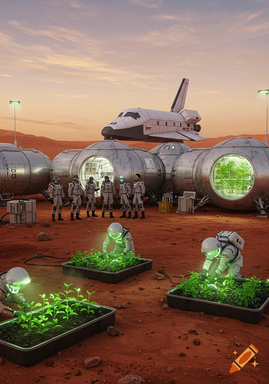 Astronauts cultivate glowing green plants on the red surface of Mars next to a futuristic colony and a parked space shuttle under a sunset sky.