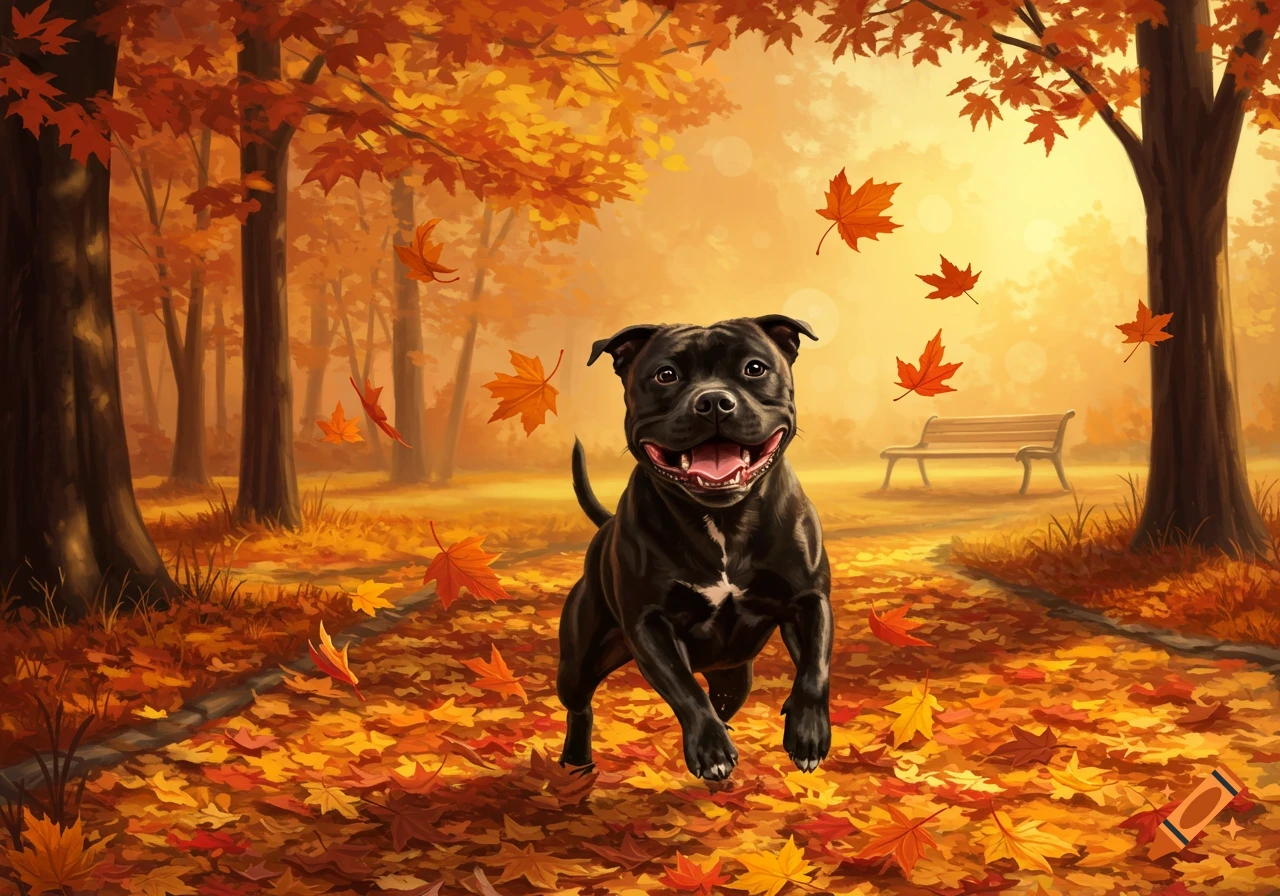 A black Staffy dog runs happily through an autumn park filled with vibrant orange leaves, in a painted style.