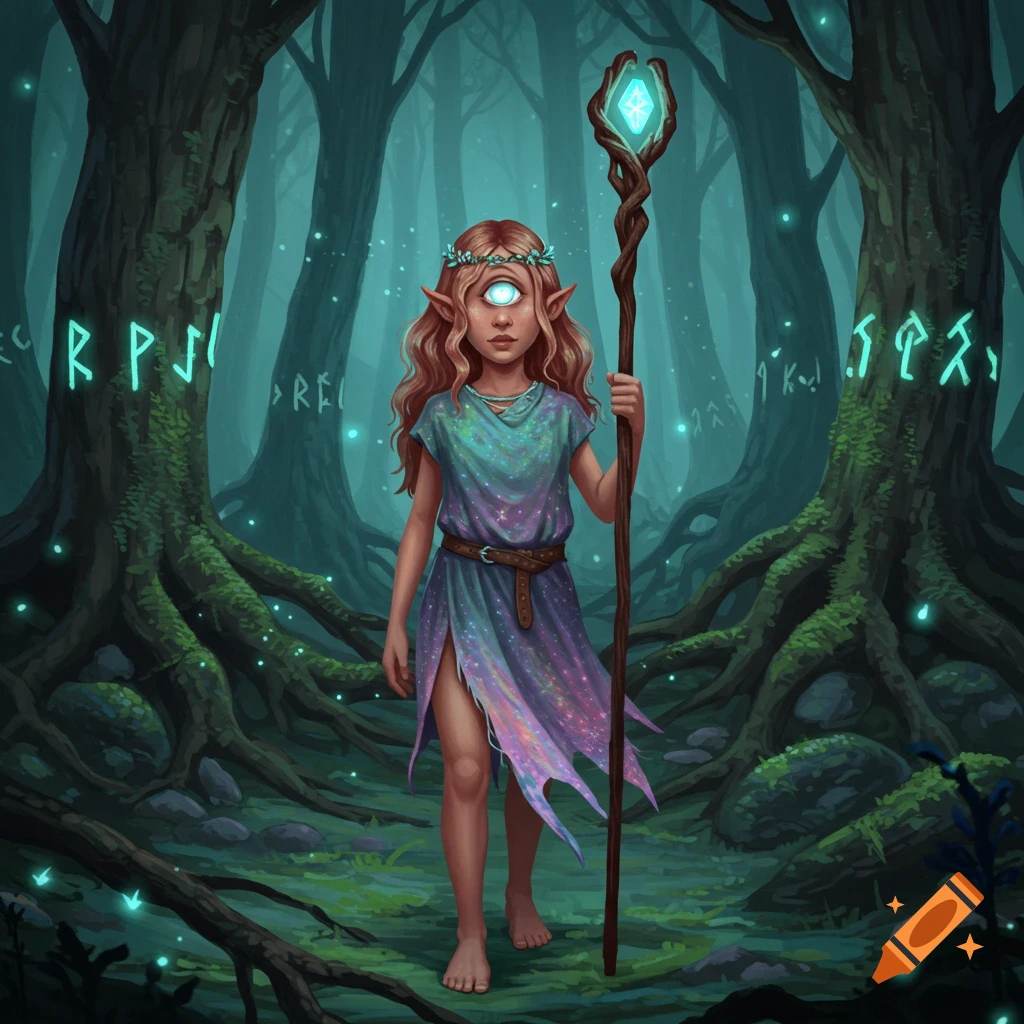 A cyclops girl with red-brown hair and elf ears stands barefoot in a mystical forest, holding a glowing staff.