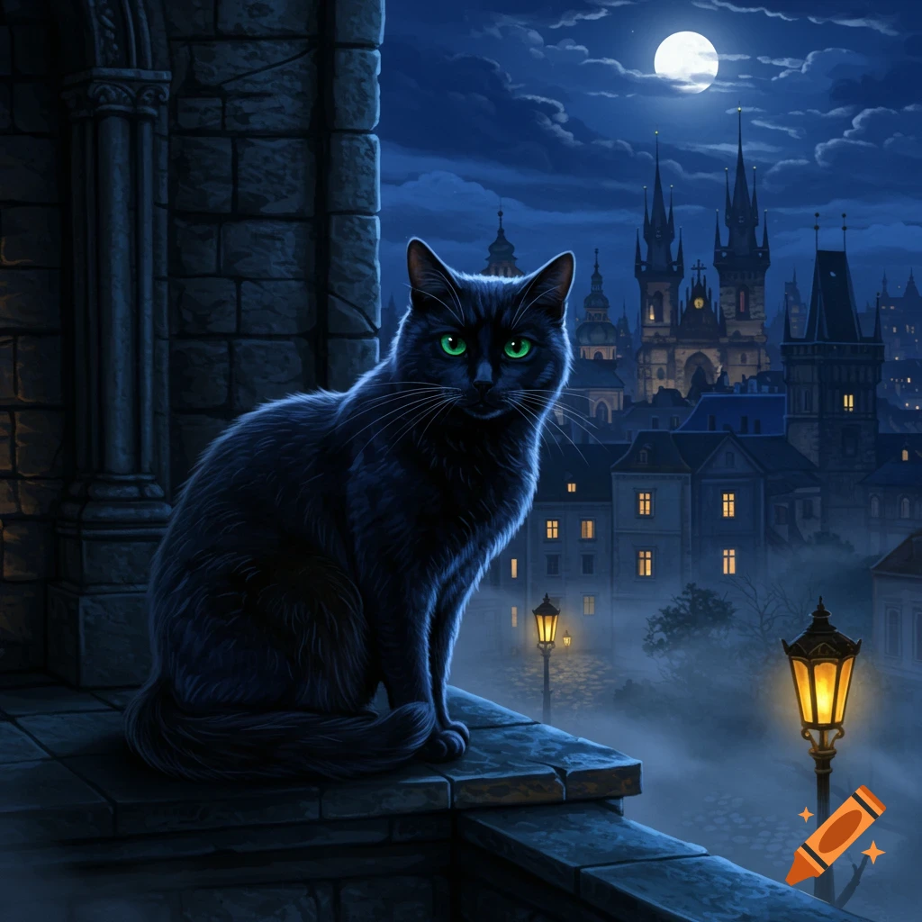 A black cat with glowing green eyes sits on a stone ledge, overlooking a moonlit city with gothic architecture and glowing street lamps.
