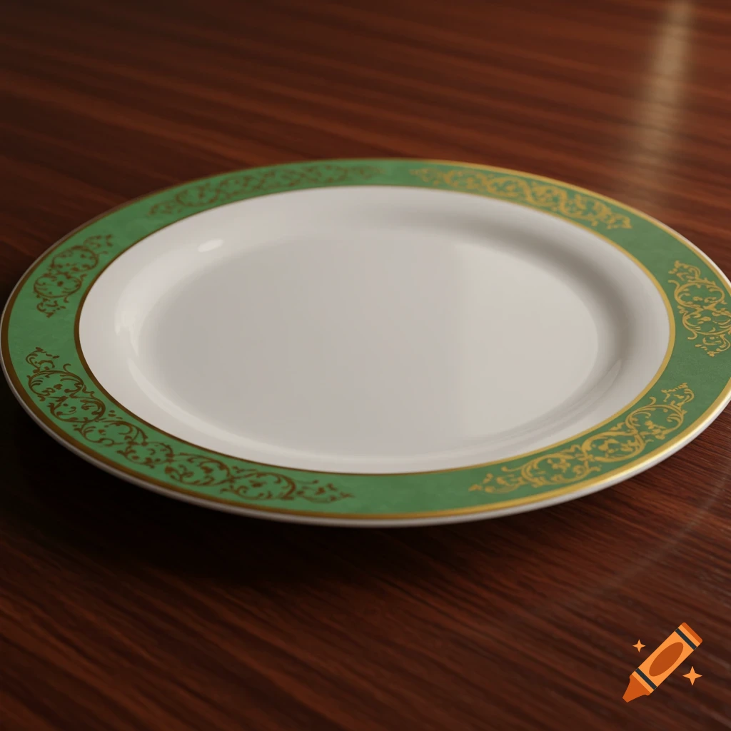 A white oval plate with a green and gold ornate border sits on a polished wooden table.