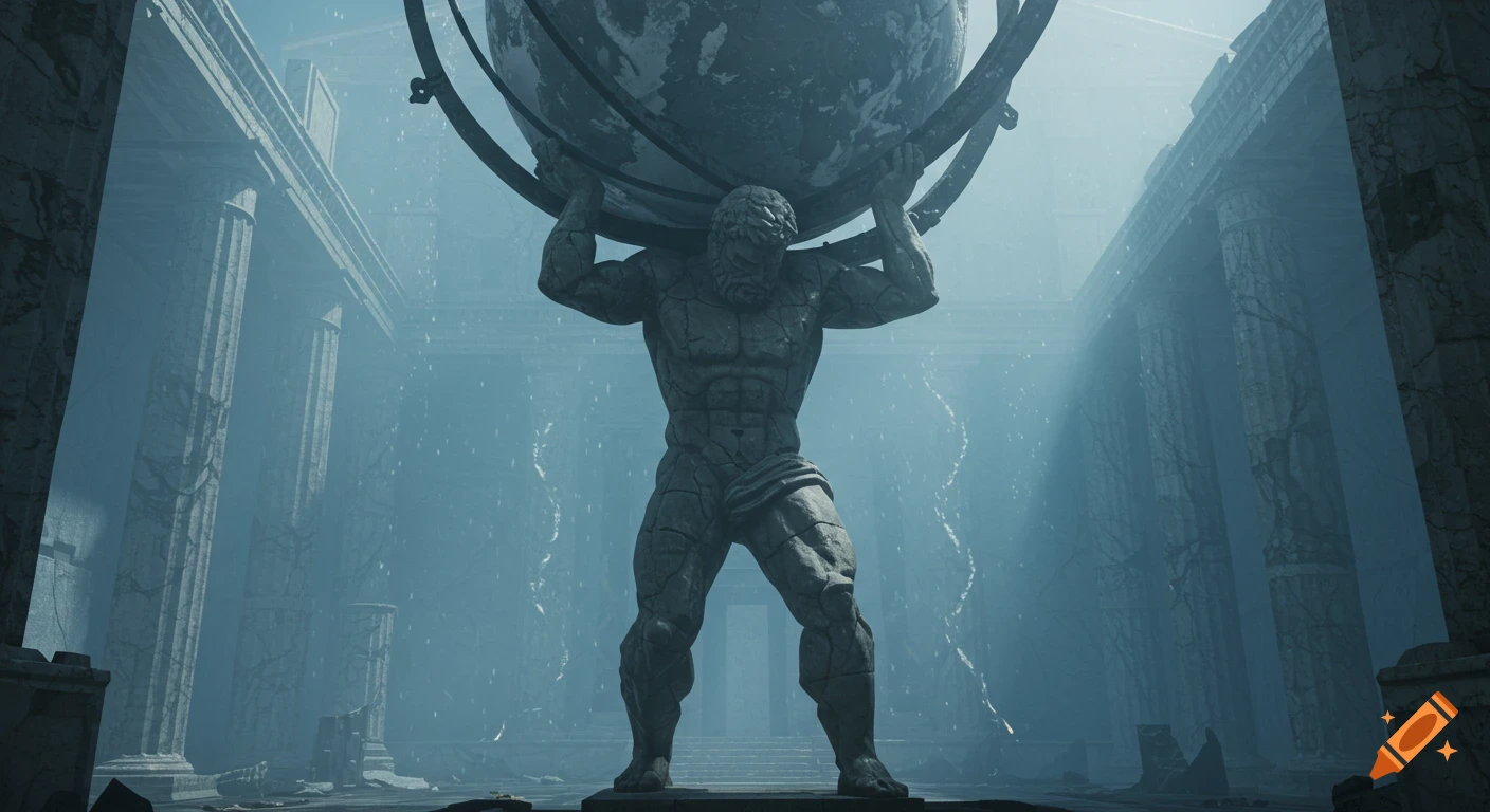 A massive, cracked stone statue of Atlas holding the world on his shoulders, standing in a misty, ruined city square with crumbled marble columns under a rainy dawn sky.