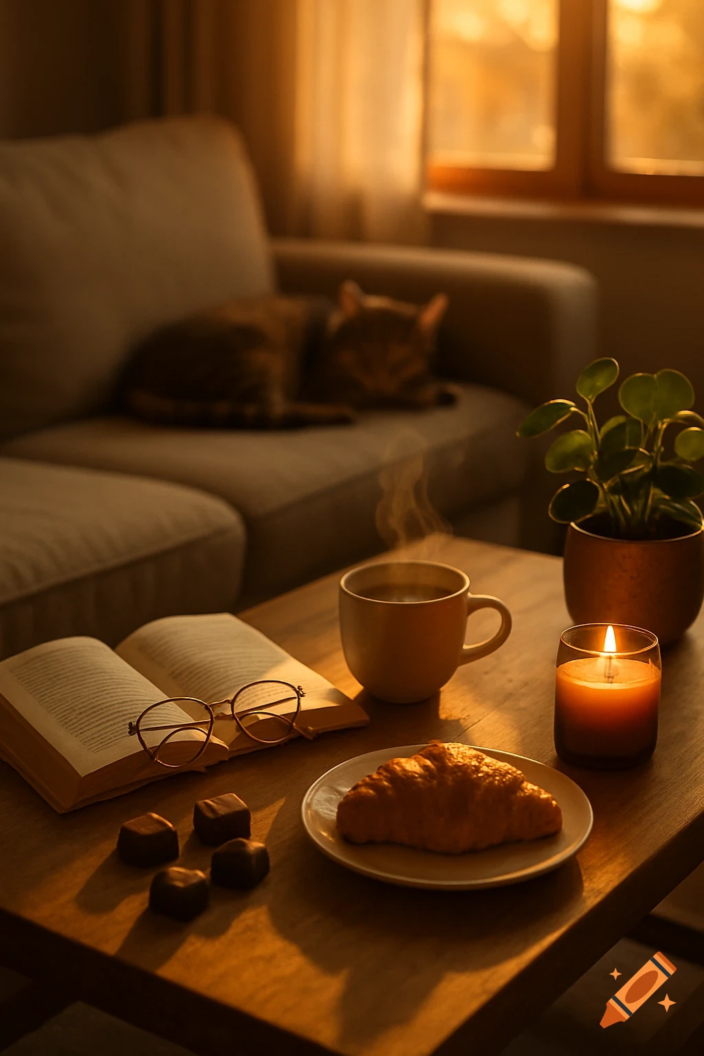Cozy living room bathed in warm sunset light with a sleeping cat on a sofa. A coffee table holds a book, coffee, croissant, chocolates, lit candle, and a plant.