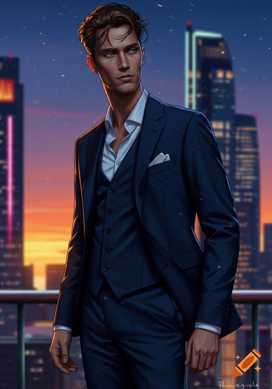 A man in a dark blue suit and white shirt stands on a balcony, looking out at a city skyline at sunset in a digital art style.