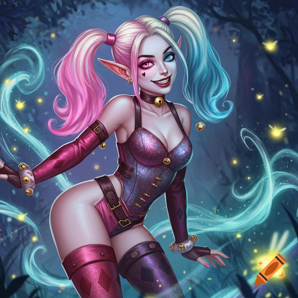 A smiling elf dressed as Harley Quinn, with pink and blue pigtails, in a dark, magical forest with fireflies.