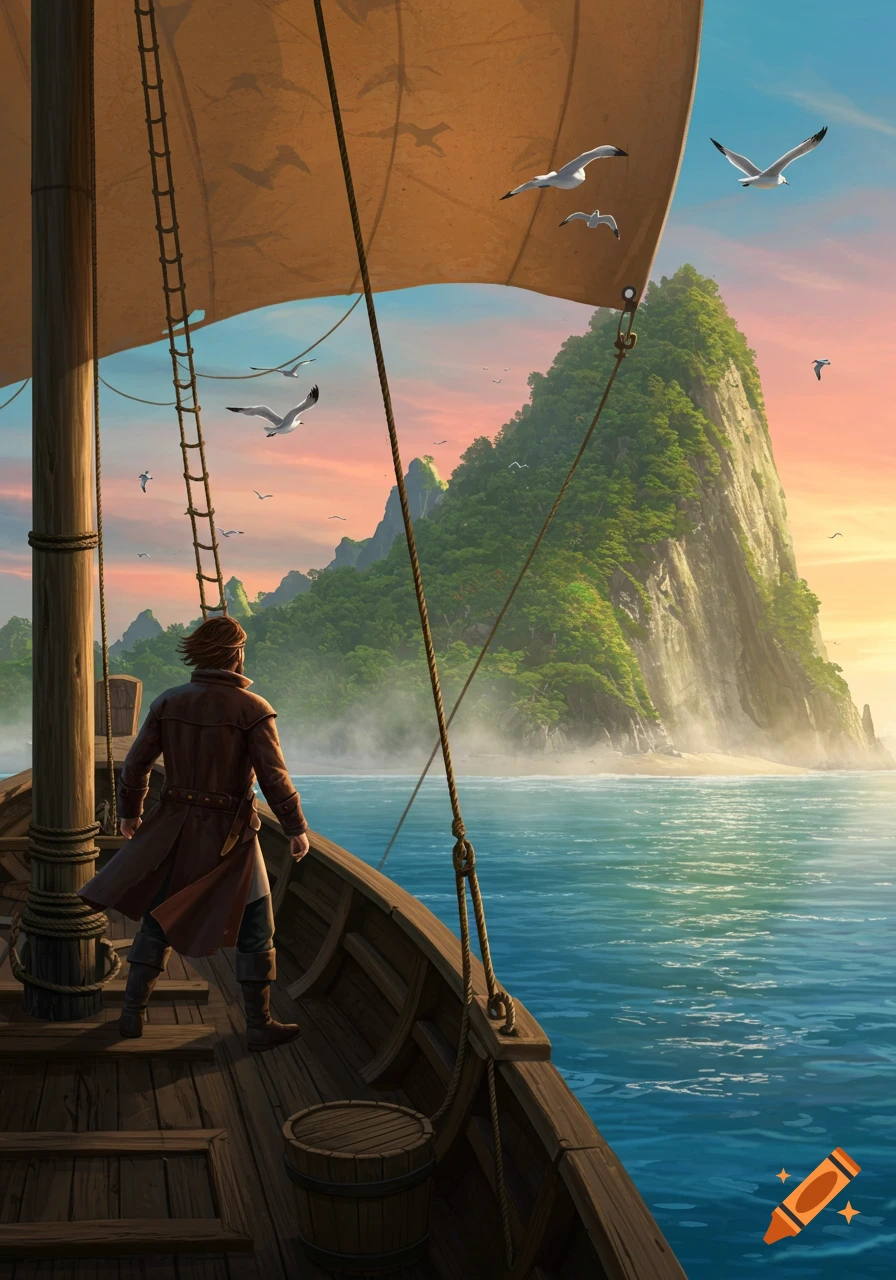 A man in a trench coat on a sailboat looks towards a lush tropical island at sunrise. Gulls fly overhead.