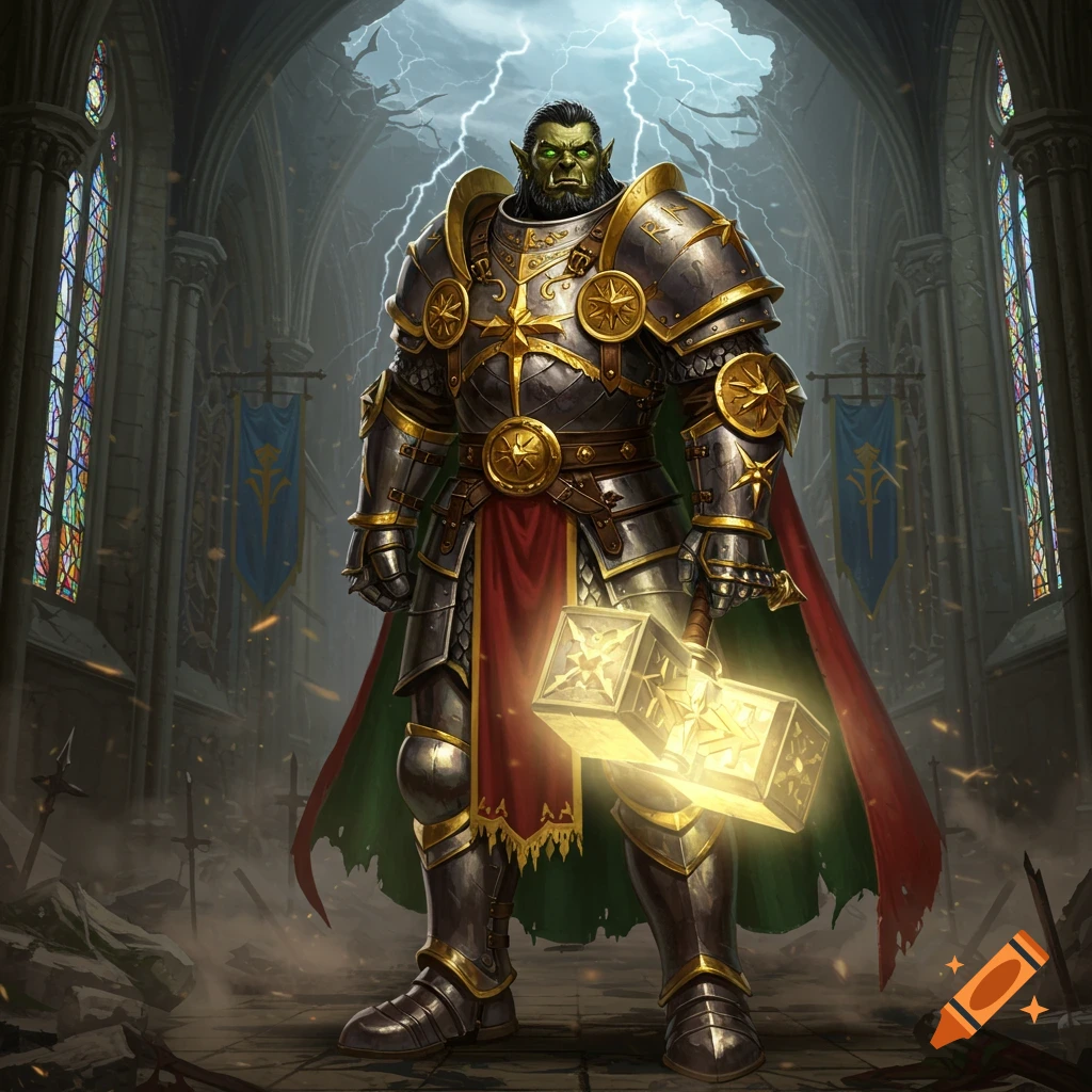A heavily armored half-orc paladin with glowing green eyes stands in a ruined gothic cathedral during a thunderstorm, holding a shimmering golden hammer.