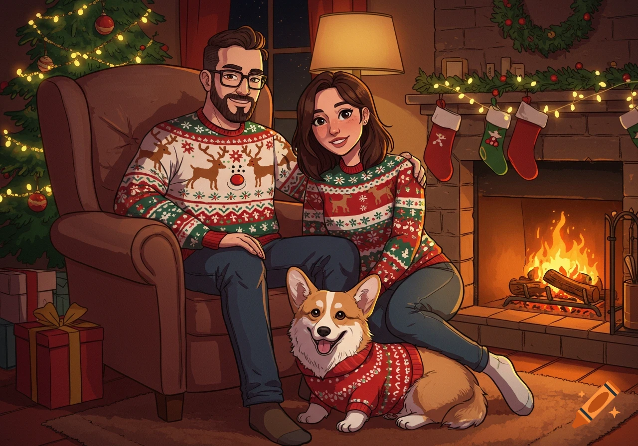 Comic art of a couple and Corgi in Christmas sweaters, sitting by a fireplace and decorated tree.
