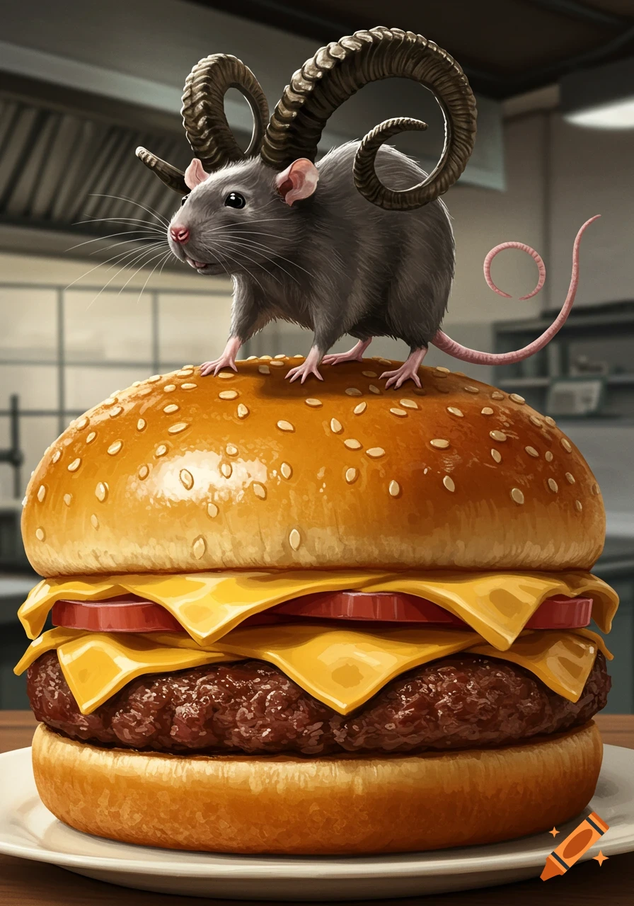 A stylized grey rat with large ram horns stands atop a juicy cheeseburger in a kitchen setting.