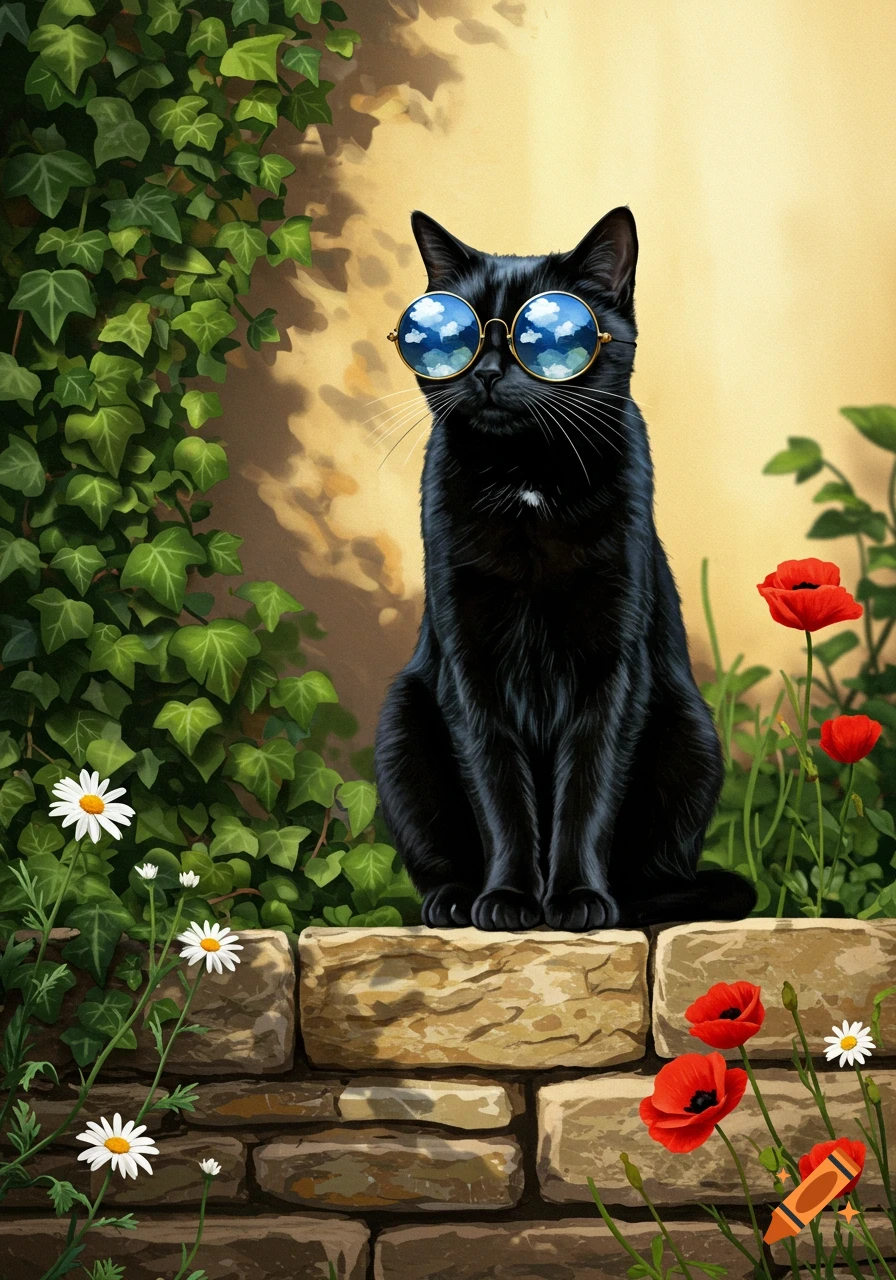 A black cat wearing round blue sunglasses sits on a stone wall, surrounded by green ivy, red poppies, and white daisies.