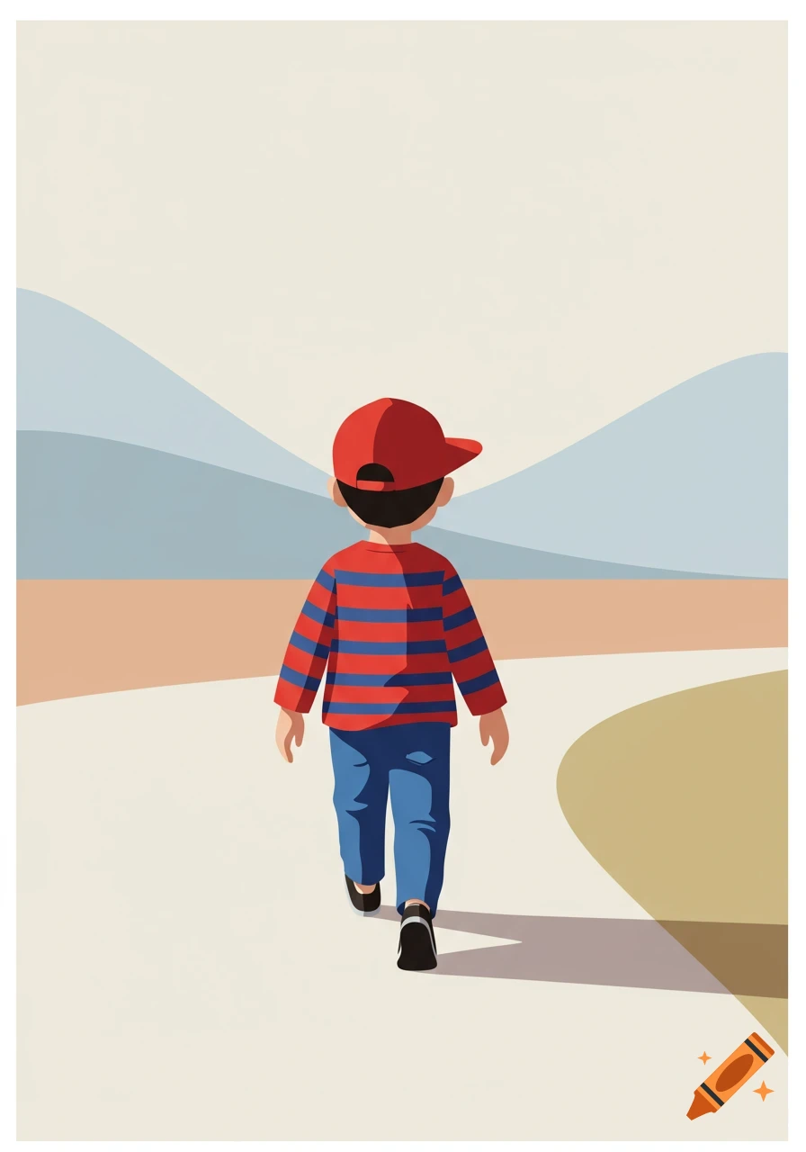A minimalist illustration from behind of a boy in a red striped shirt, blue pants, and a red baseball cap, walking outdoors on a path.