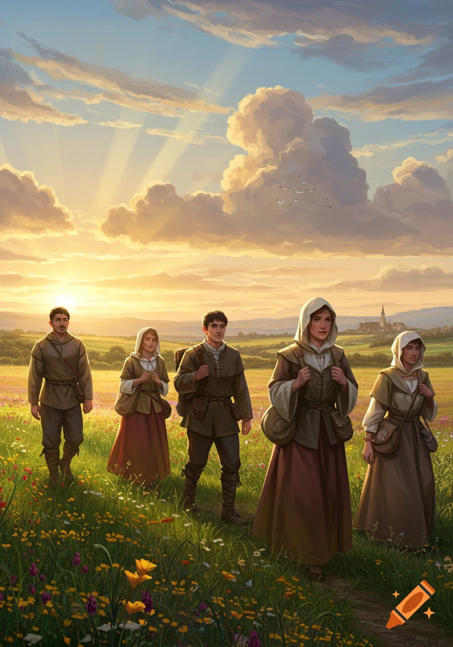 Five pilgrims walk through a vibrant flower field at sunset under a dramatic sky, with a distant village. Illustrated art.