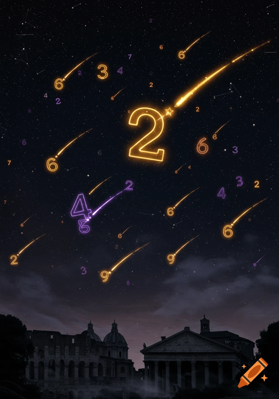 Glowing numeric shooting stars illuminate a night sky above ancient Roman ruins, shrouded in mist.