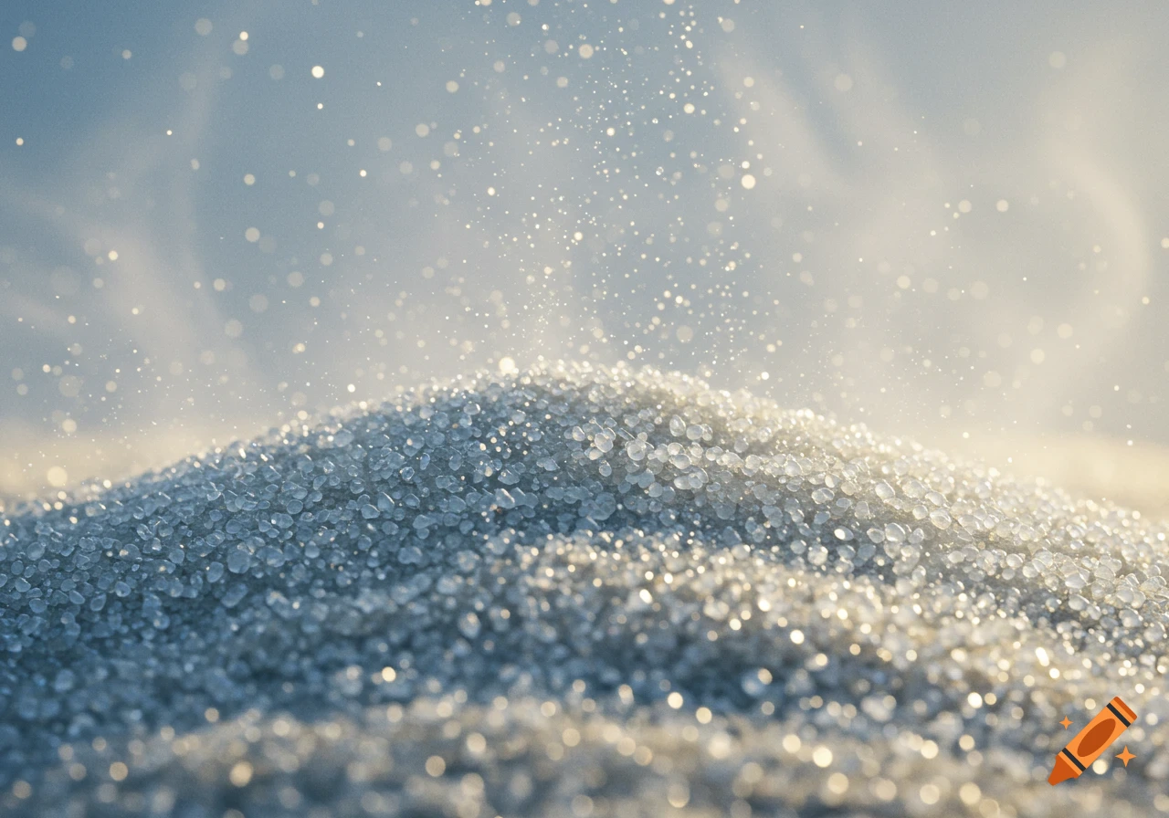 A close-up of a mound of translucent granulated silica, sparkling under soft light with numerous bokeh particles floating above.