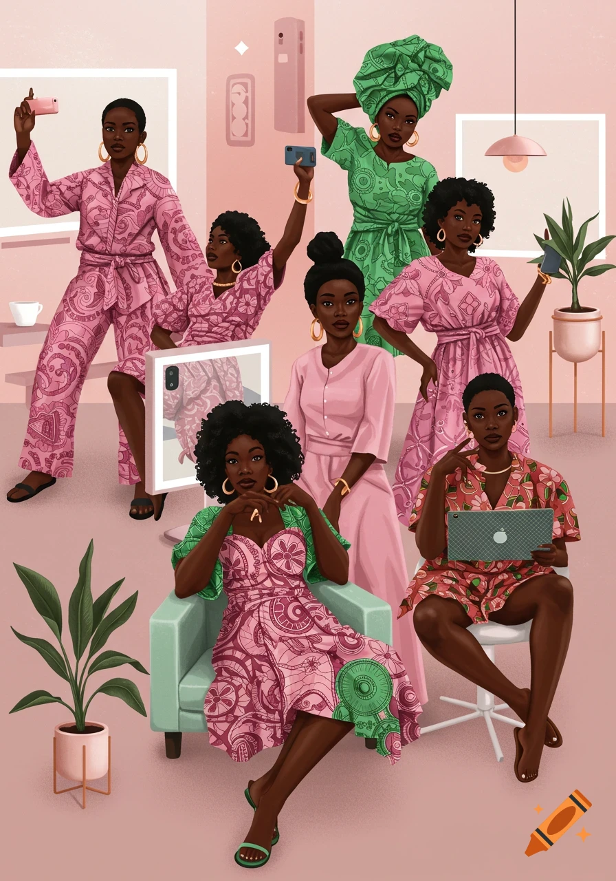 Illustration of six Black women in pink and green patterned outfits, using phones and a tablet in a stylish pink room.