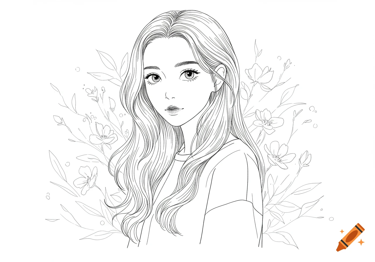 Line art portrait of a beautiful anime girl with long wavy hair, looking forward, surrounded by delicate flowers on a white background.