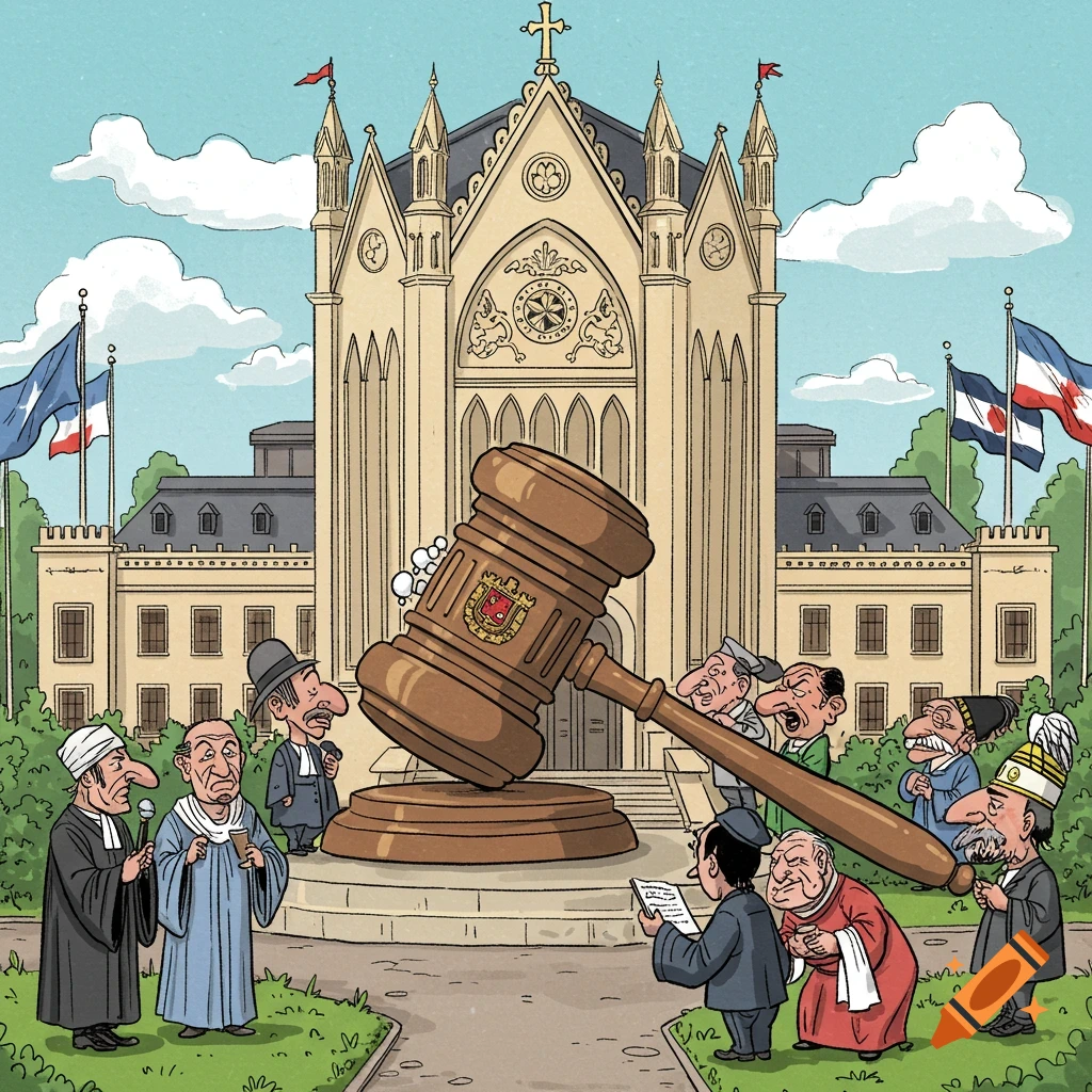 Cartoon depicting religious and legal figures around a giant gavel in front of a courthouse, symbolizing international justice.