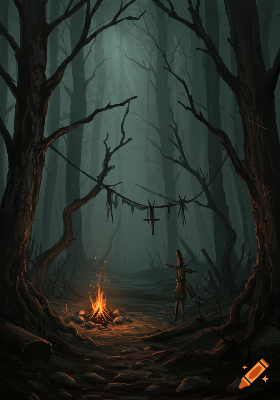 A dark, misty forest at night with a glowing campfire, surrounded by crude stick effigies and markings on trees.