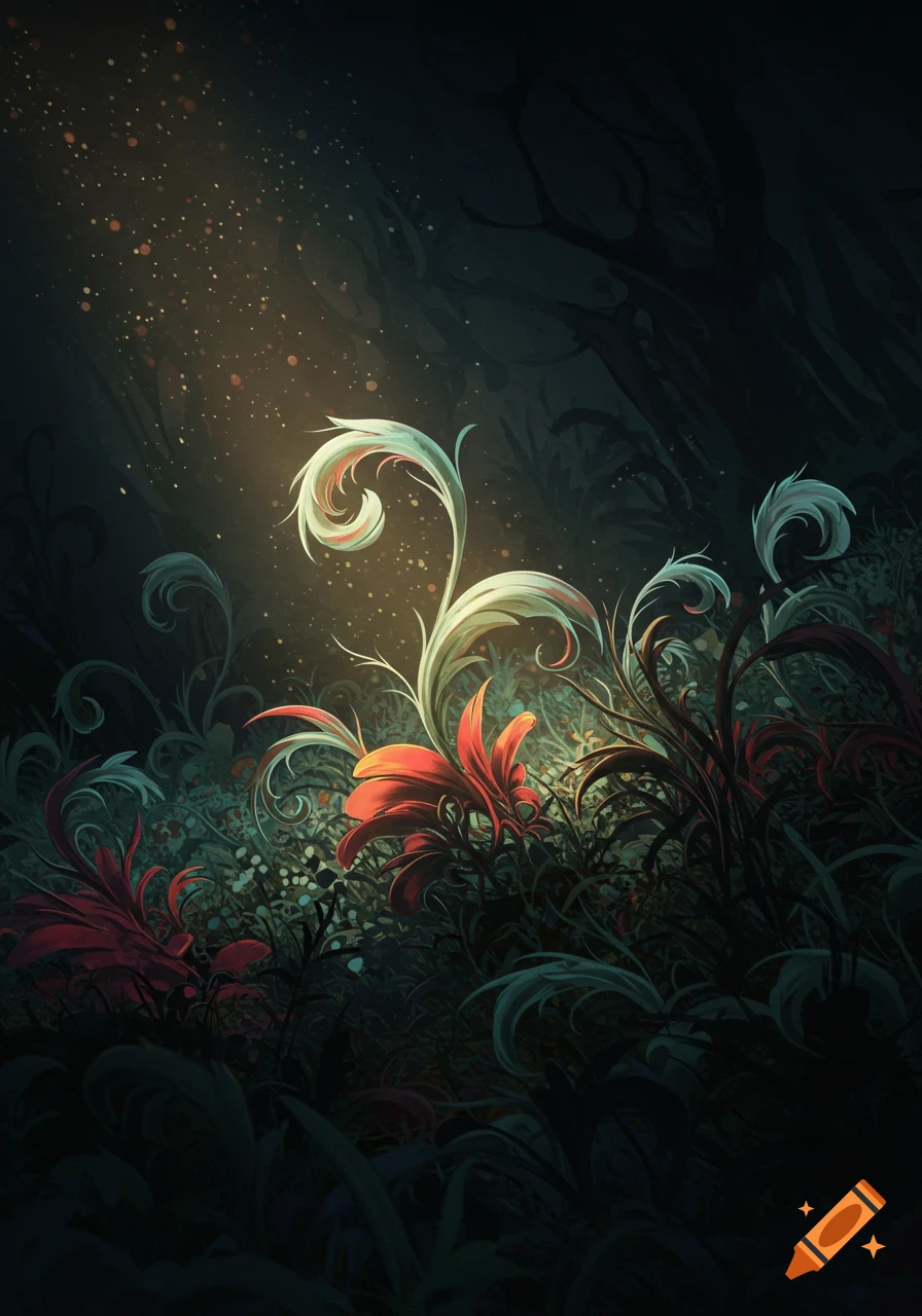 An illustration of fantastical, glowing white and red plants amidst dark foliage in a shadowy forest, illuminated by a beam of light.