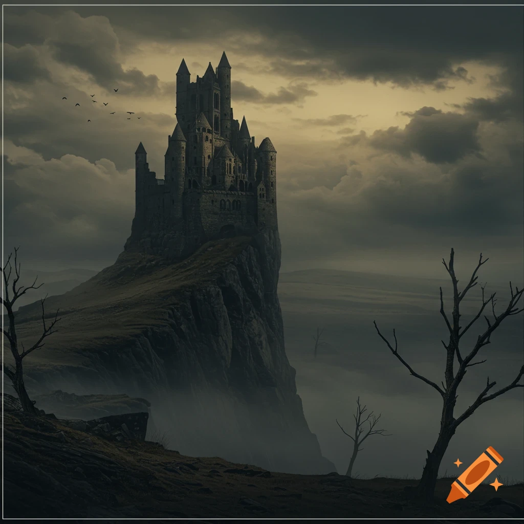 A dark, imposing gothic castle sits atop a rugged cliff under a cloudy, ominous sky, with bare trees in the foreground.
