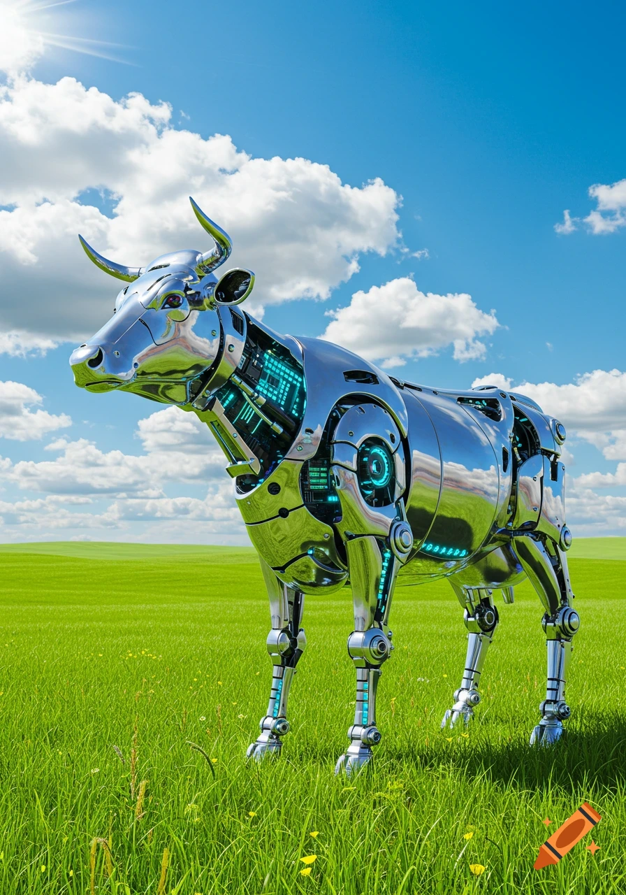 A shiny metallic robotic cow stands in a vibrant green field under a clear blue sky with fluffy white clouds, featuring glowing blue internal mechanisms.
