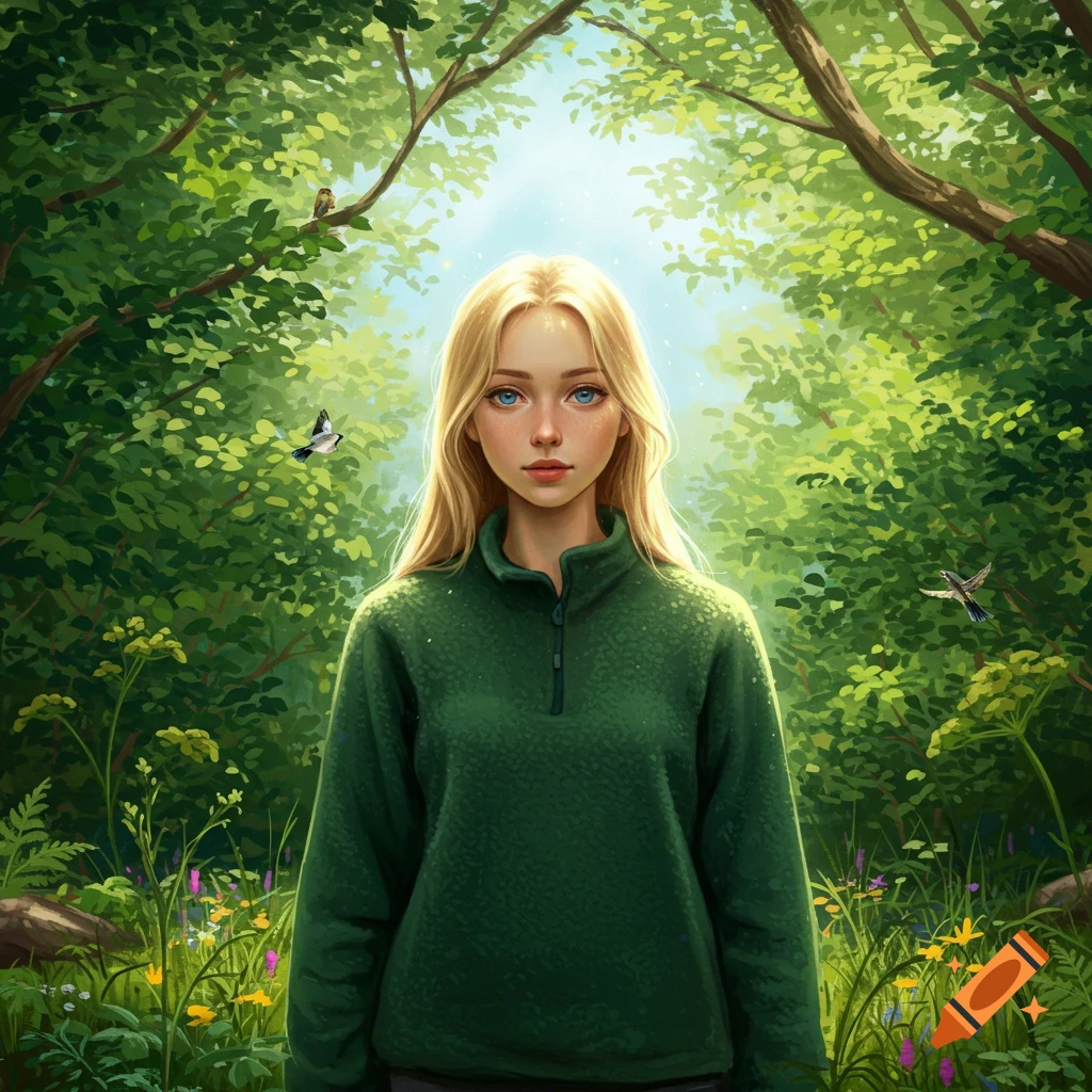 Blonde woman with blue eyes in a green fleece jacket stands in a lush, sunlit forest with birds.