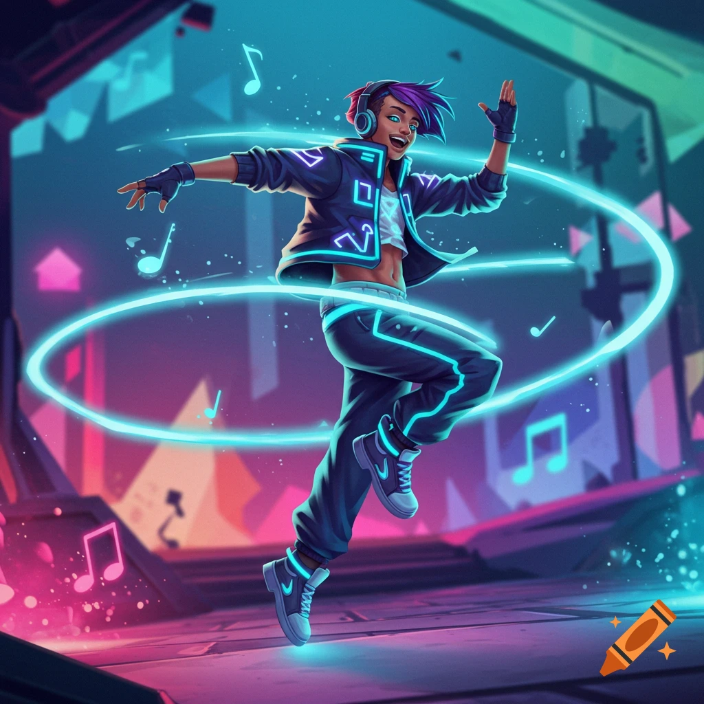 Vibrant anime-style character dancing with glowing neon rings and musical notes in a futuristic, urban setting.