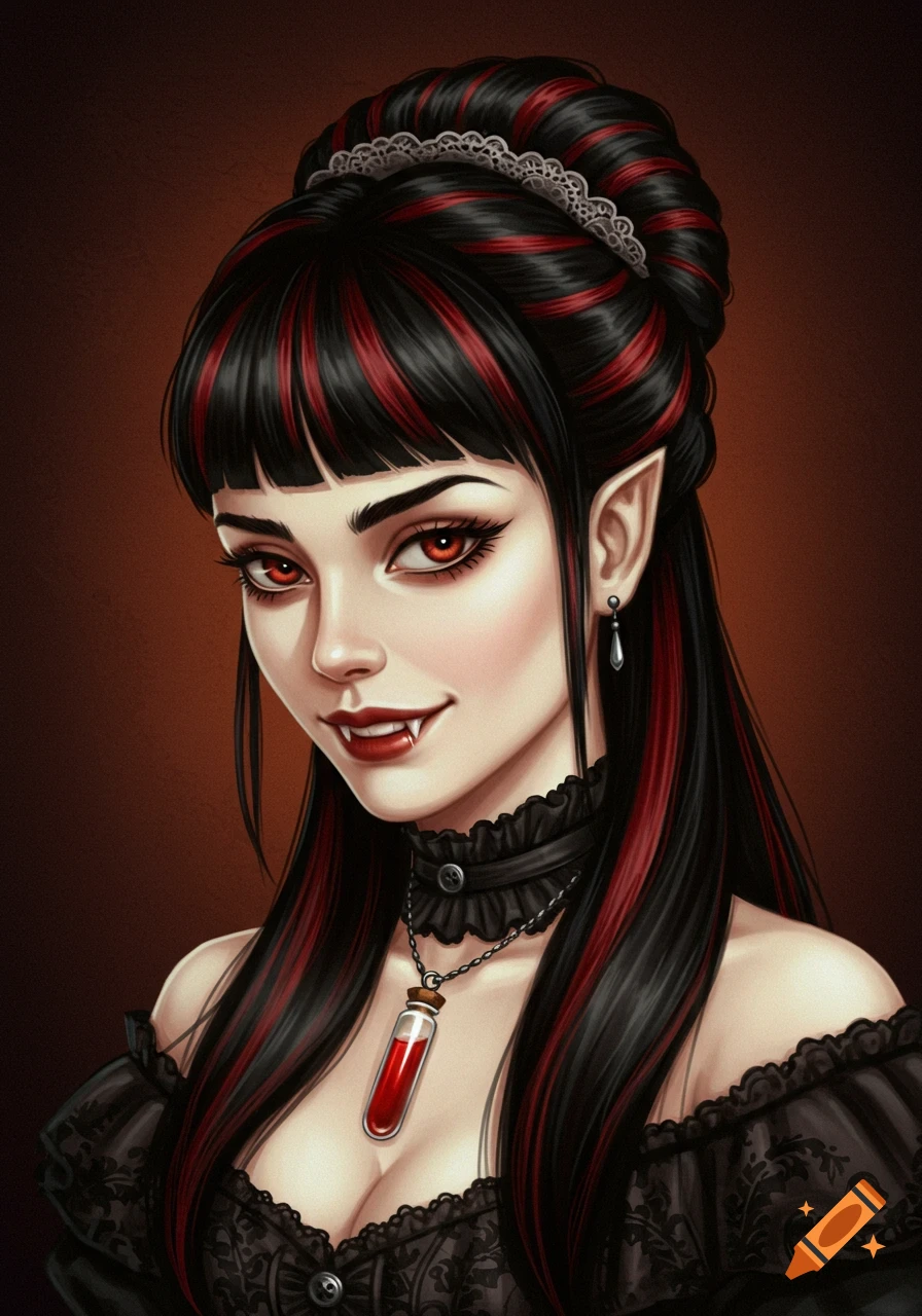 A beautiful Victorian vampire woman with black and red streaked hair, red eyes, fangs, and a blood vial necklace, smiling softly in a traditional painting style.