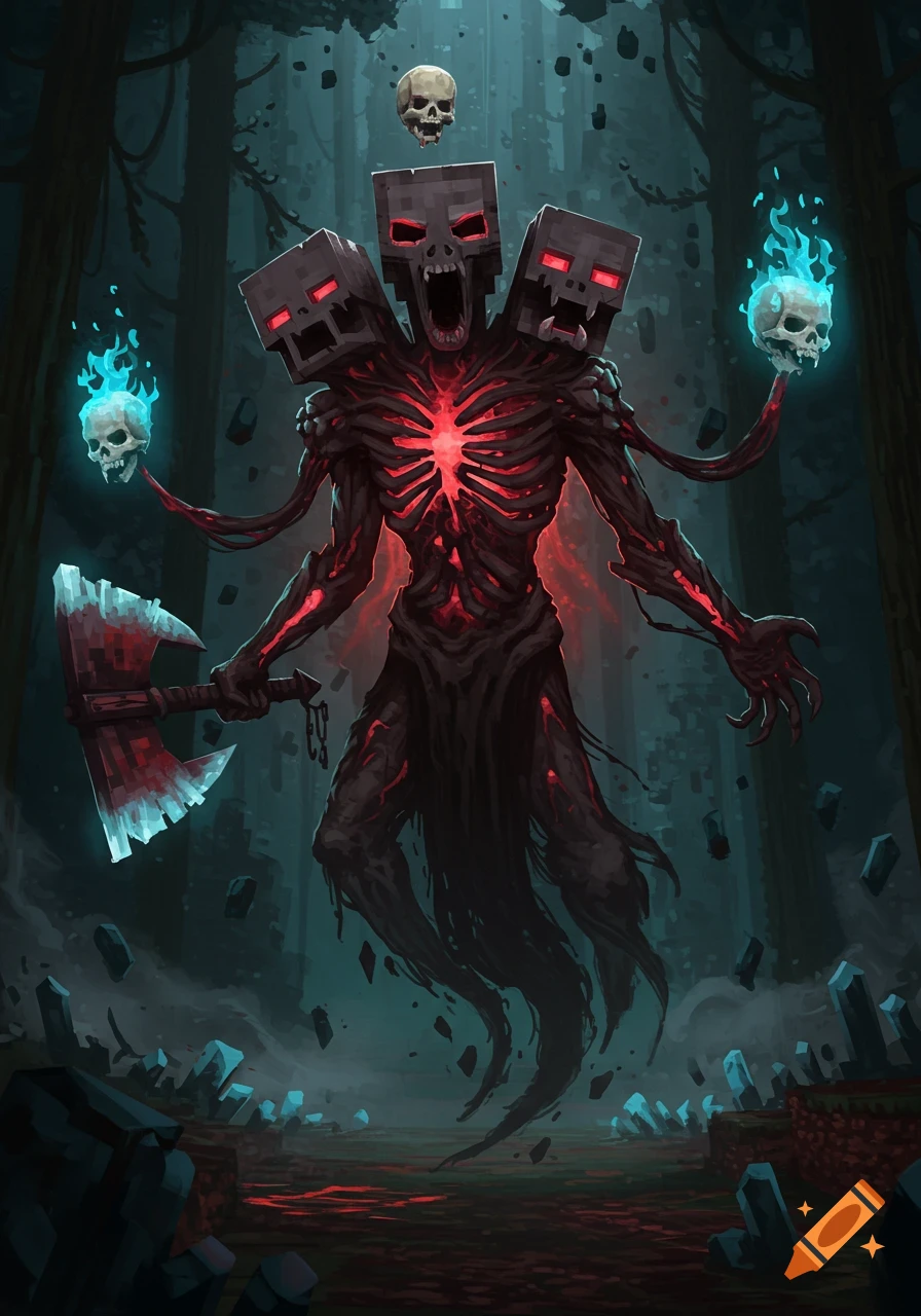 A terrifying three-headed fantasy boss, a Minecraft Vindicator and Wither fusion, with a glowing red body, holding a blue flaming axe in a dark forest.