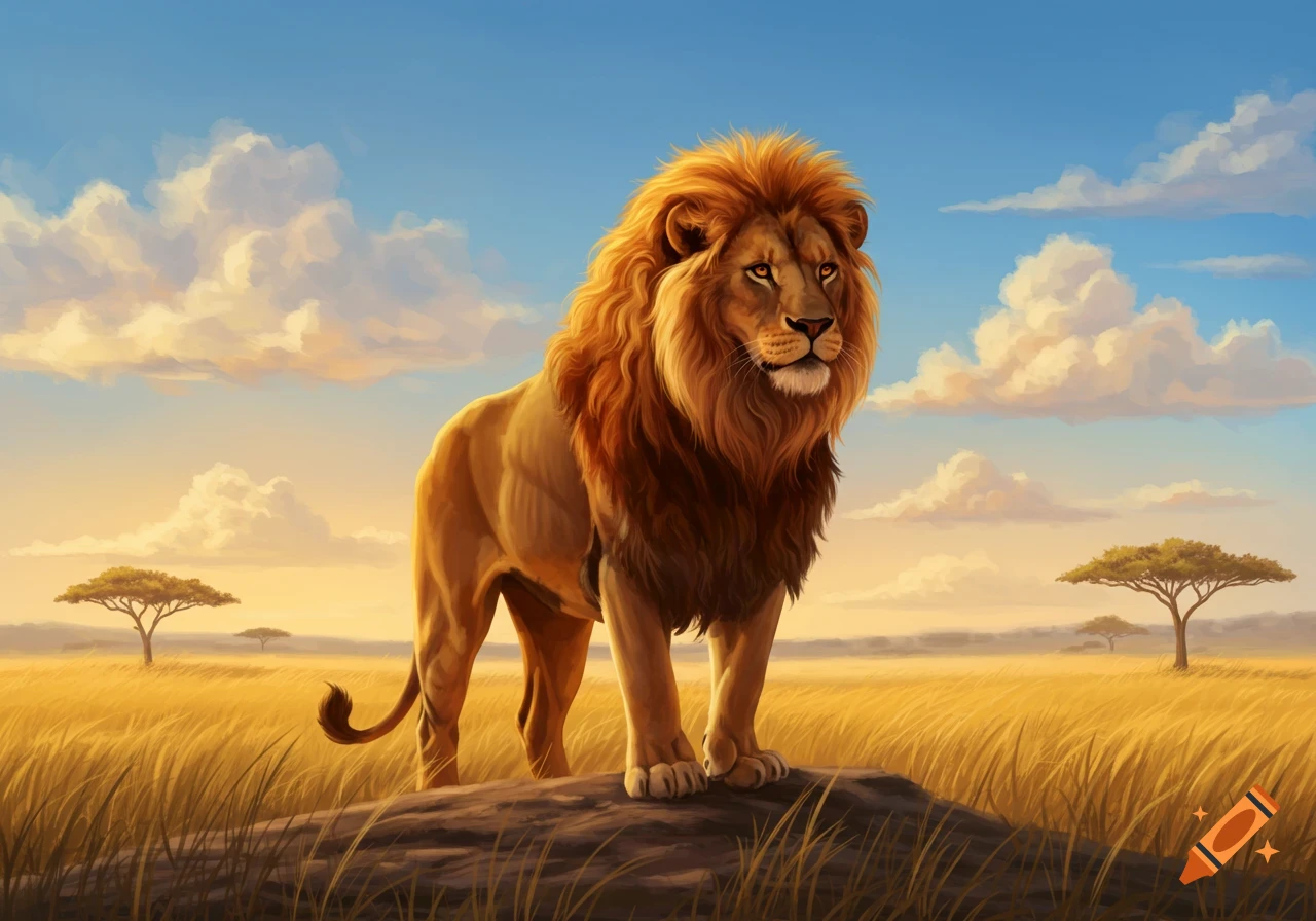 A majestic lion with a full mane stands on a rock in a golden savanna landscape under a blue sky with scattered clouds.