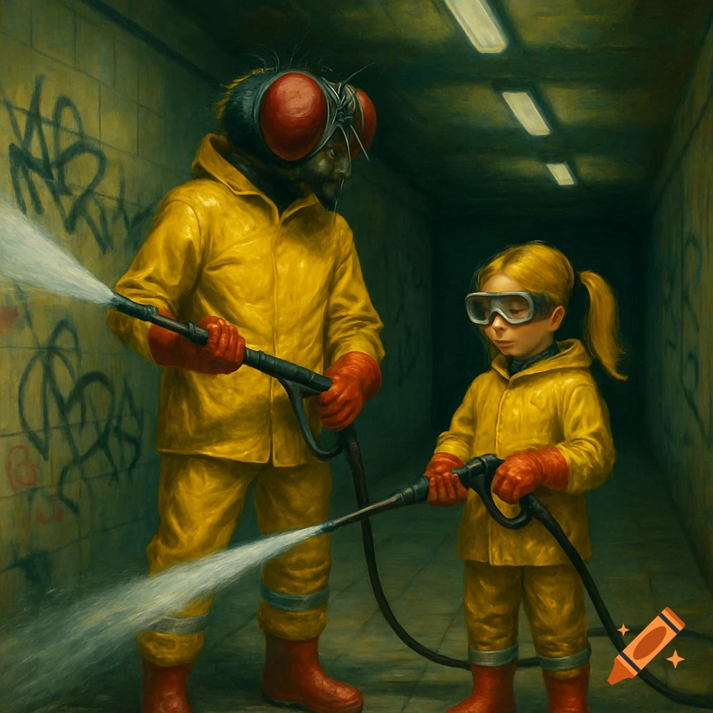 A man with a fly head and a girl in yellow rain gear and goggles use pressure washers to clean graffiti in a dark underpass.