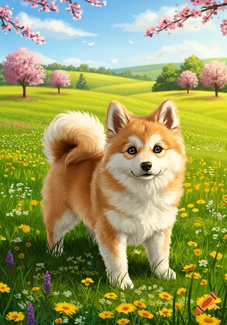 A fluffy red and white dog stands in a vibrant green field with yellow wildflowers under a blue sky and pink cherry blossoms.