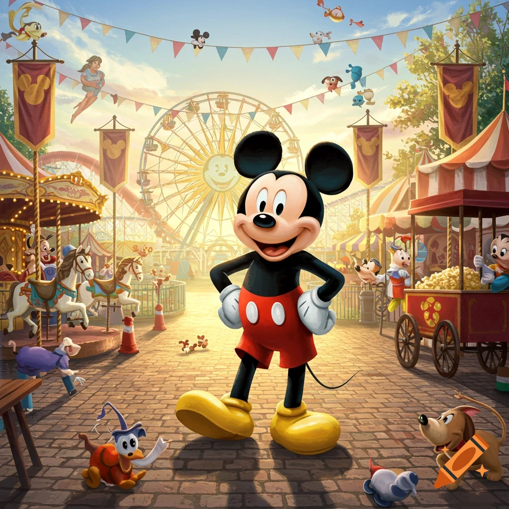 Mickey Mouse stands happily in a vibrant, sunlit carnival with a Ferris wheel, carousel, popcorn cart, and other cartoon characters.