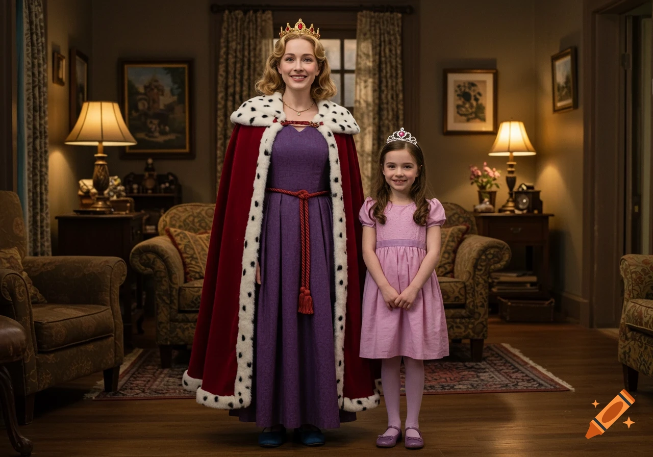 A woman in a queen's outfit and a young girl in a princess dress stand smiling in an elegant living room. Photorealistic.