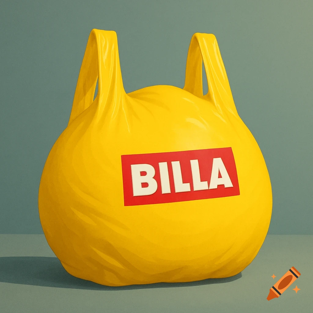 A vibrant yellow plastic shopping bag with the red 'BILLA' logo, against a teal background.