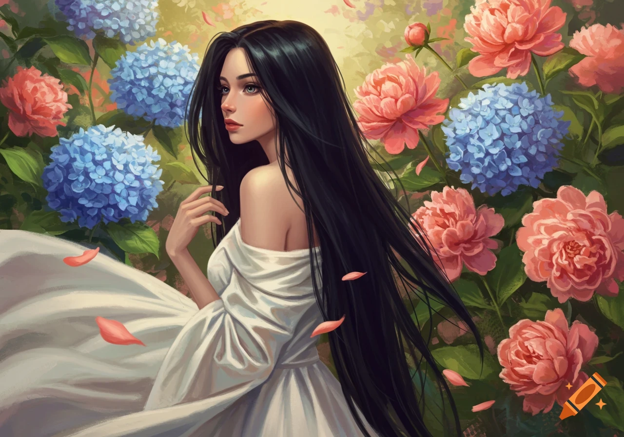 A woman with long black hair in a white dress, surrounded by blue hydrangeas and pink peonies, looking over her shoulder in a vibrant garden setting.