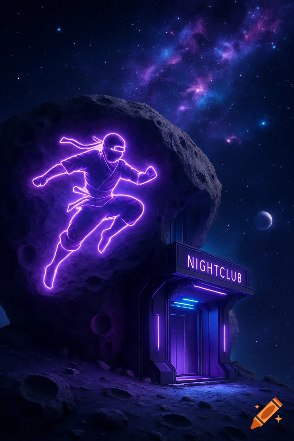 A purple neon ninja leaps above a nightclub entrance on an asteroid, set against a vibrant starry space background.