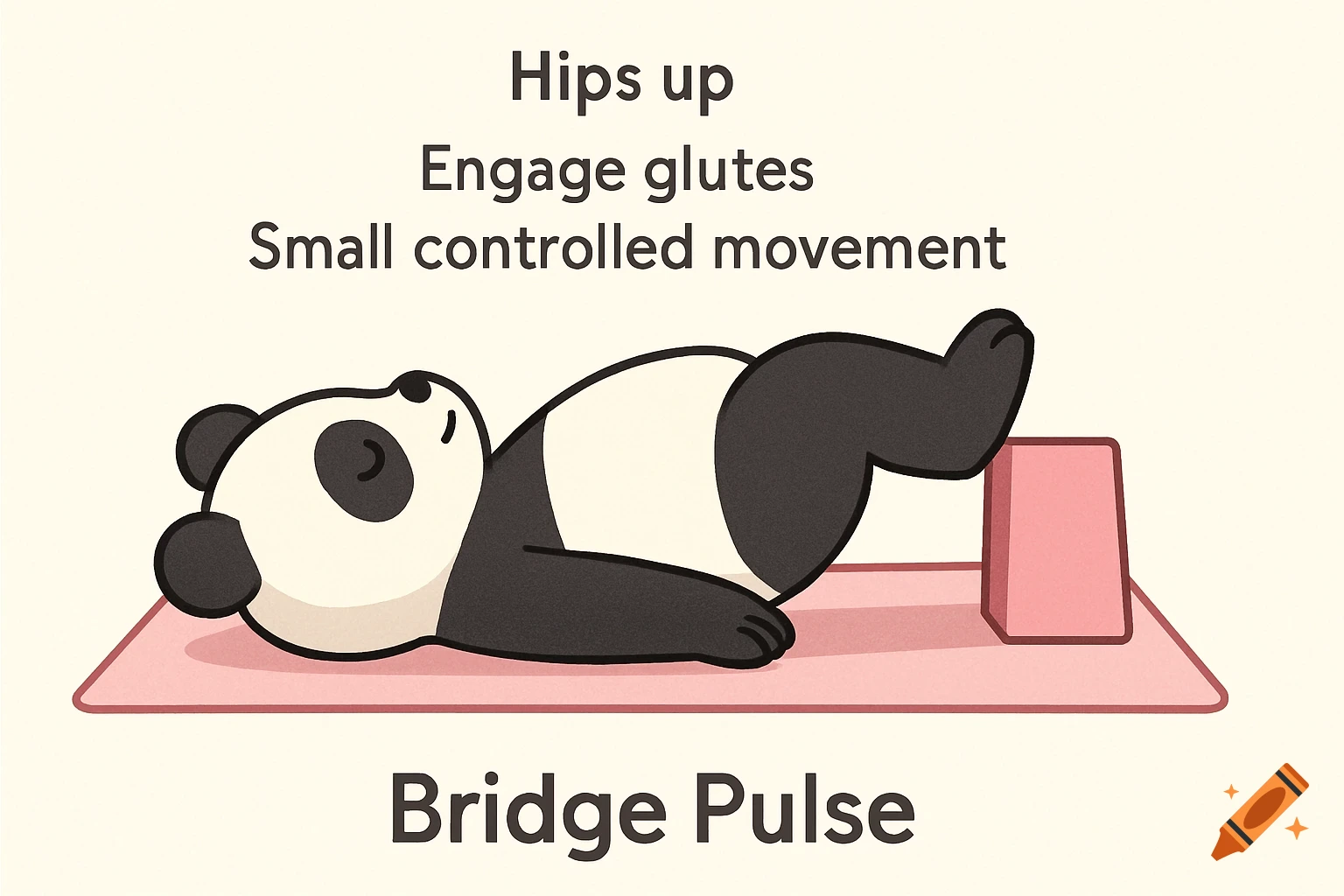 Flat-style digital illustration of a cartoon panda doing a Bridge Pulse exercise on a pink yoga mat with instructional text.