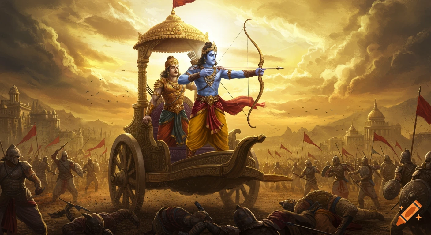 Arjuna with a bow and Krishna in a chariot on an epic golden battlefield, Indian mythology style.