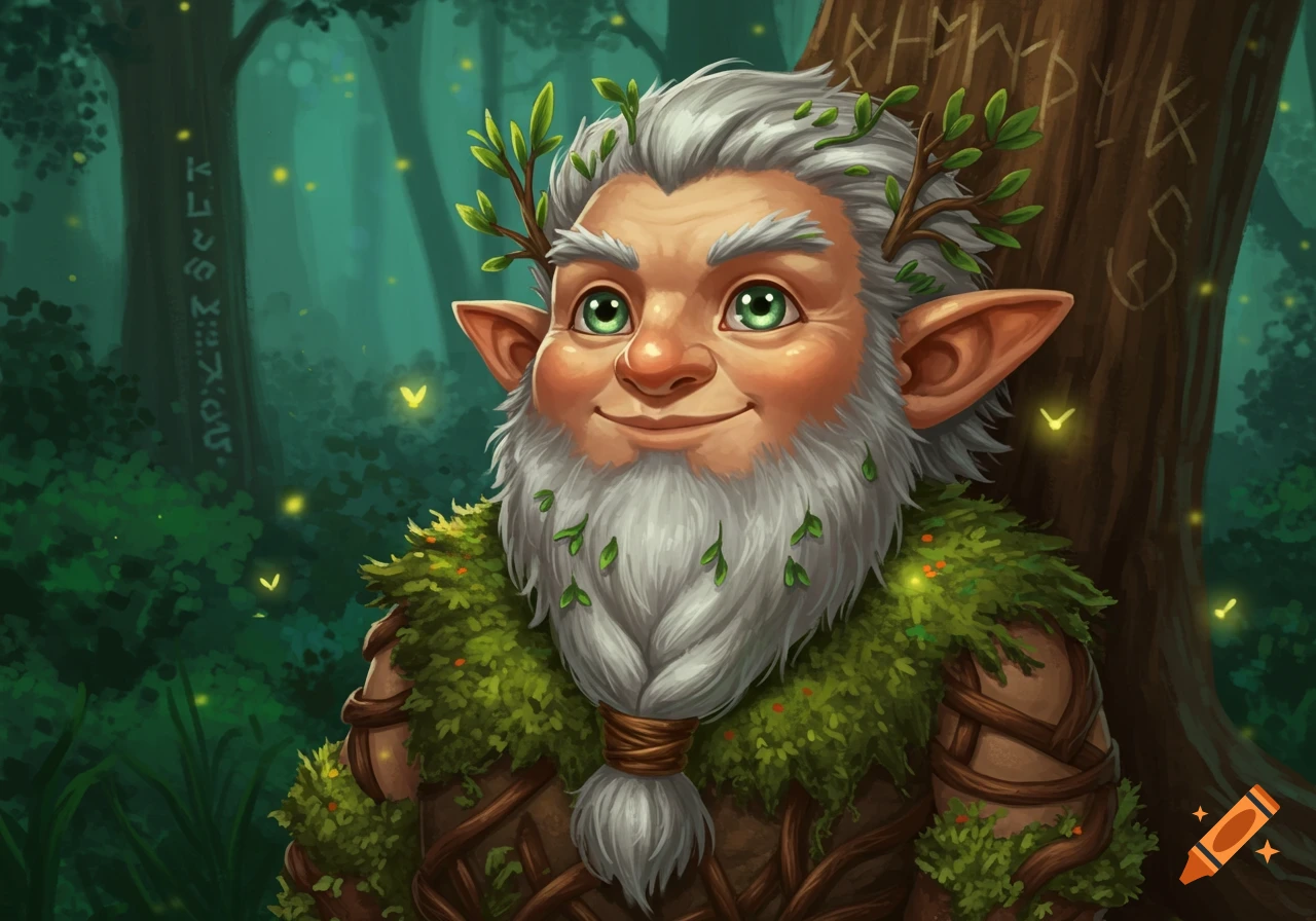A smiling, bearded elf with green eyes and leafy branches in his hair and beard, wearing a mossy outfit, stands in a magical forest with glowing fireflies.