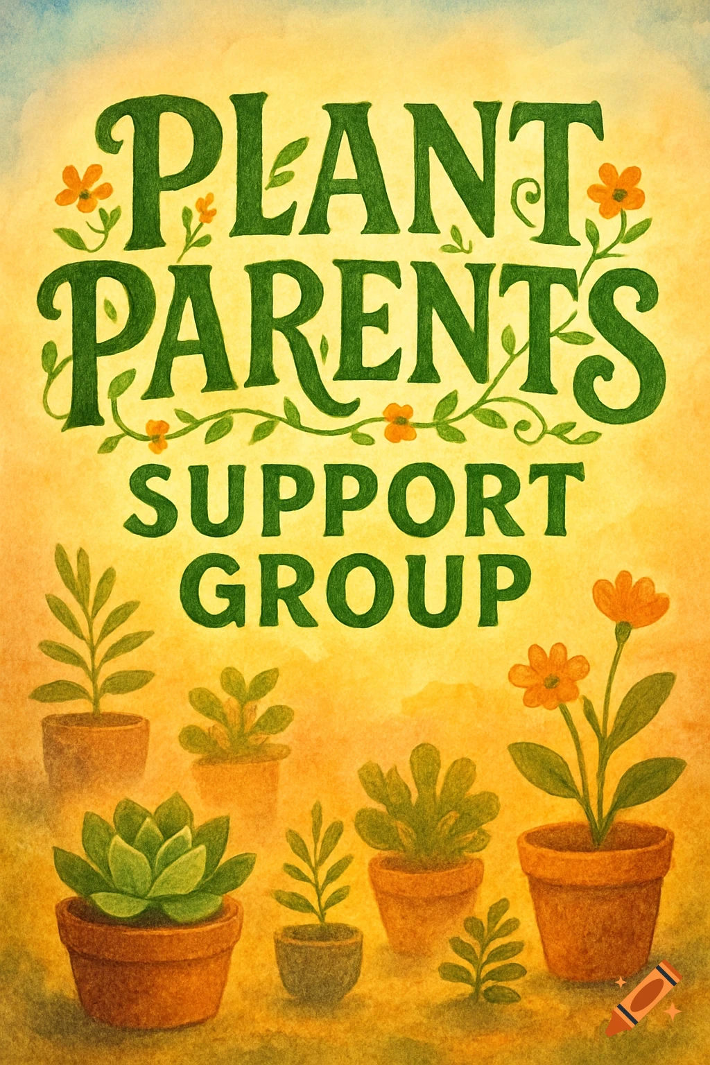 A watercolor flyer reads 'PLANT PARENTS SUPPORT GROUP' in green script, with various potted plants below.