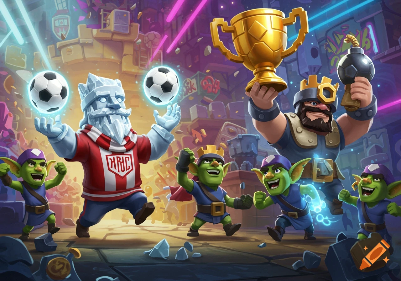 Cartoon characters celebrating victory; a regal king holds a golden trophy and a bomb, an ice wizard juggles glowing soccer balls, and goblins cheer. Neon lights and graffiti fill the background.