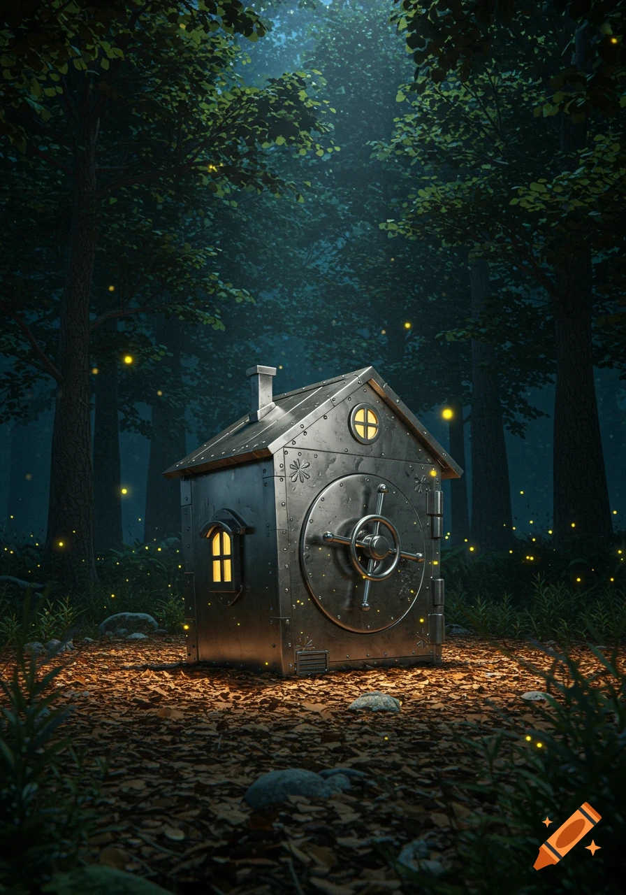 An illustrated safe-shaped house with glowing windows stands in a dark, magical forest lit by fireflies.