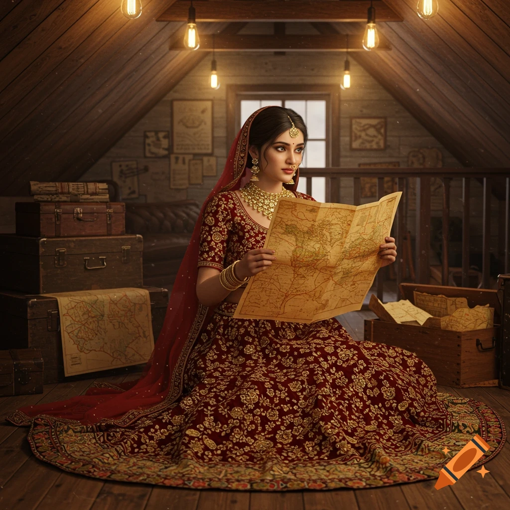 An Indian woman in a red traditional dress and jewelry sits in a rustic attic, looking intently at an old map.